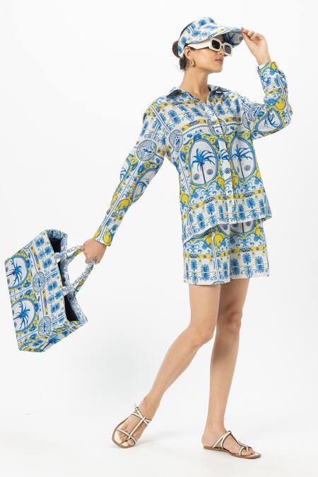SOBARIKO Multi Color Linen Collared Coco Palm Printed Shirt And Shorts Set Online at Aza Fashions SOBARIKO_Multi Color Linen Collared Coco Palm Printed Shirt And Shorts Set _Online_at_Aza_Fashions