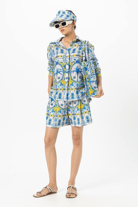 Buy SOBARIKO Multi Color Linen Collared Coco Palm Printed Shirt And Shorts Set Online at Aza Fashions Buy_SOBARIKO_Multi Color Linen Collared Coco Palm Printed Shirt And Shorts Set _Online_at_Aza_Fashions