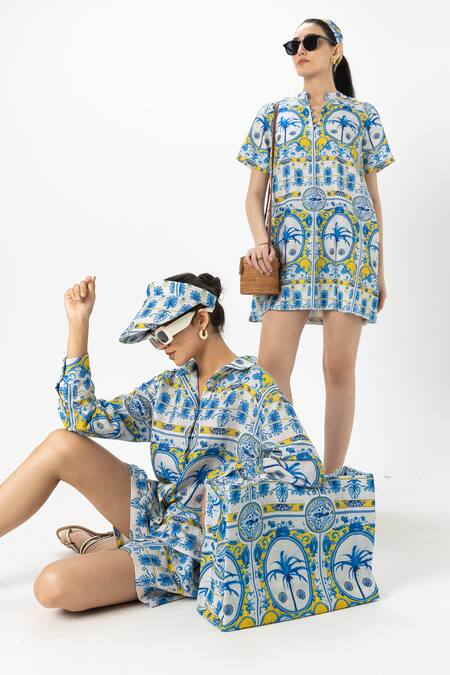 Shop SOBARIKO Multi Color Linen Collared Coco Palm Printed Shirt And Shorts Set Online at Aza Fashions Shop_SOBARIKO_Multi Color Linen Collared Coco Palm Printed Shirt And Shorts Set _Online_at_Aza_Fashions