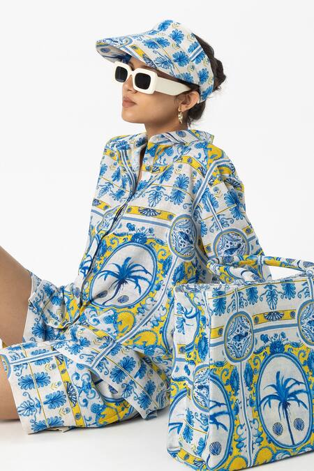 SOBARIKO Multi Color Linen Collared Coco Palm Printed Shirt And Shorts Set at Aza Fashions SOBARIKO_Multi Color Linen Collared Coco Palm Printed Shirt And Shorts Set _at_Aza_Fashions