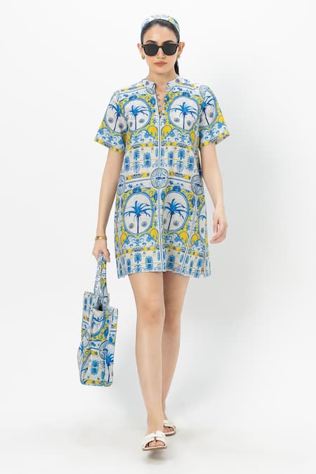 SOBARIKO Multi Color Linen Collared Coco Palm Multicolor Shift Dress 