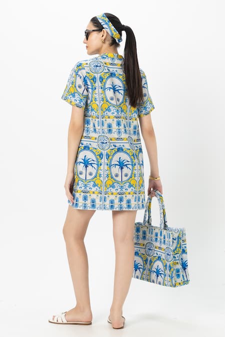 Shop_SOBARIKO_Multi Color Linen Collared Coco Palm Multicolor Shift Dress _at_Aza_Fashions
