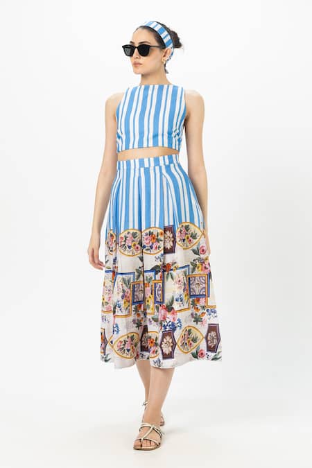 SOBARIKO Blue Linen Halter , Round Striped Emily Skirt Set Online at Aza Fashions SOBARIKO_Blue Linen Halter , Round Striped Emily Skirt Set _Online_at_Aza_Fashions