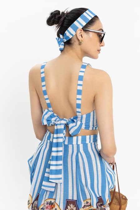 Buy SOBARIKO Blue Linen Halter , Round Striped Emily Skirt Set Online at Aza Fashions Buy_SOBARIKO_Blue Linen Halter , Round Striped Emily Skirt Set _Online_at_Aza_Fashions