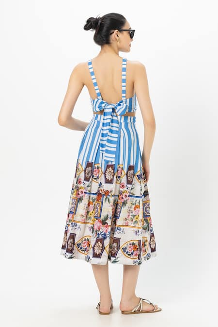 Shop SOBARIKO Blue Linen Halter , Round Striped Emily Skirt Set at Aza Fashions Shop_SOBARIKO_Blue Linen Halter , Round Striped Emily Skirt Set _at_Aza_Fashions