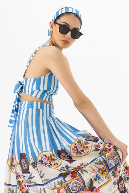 Shop SOBARIKO Blue Linen Halter , Round Striped Emily Skirt Set Online at Aza Fashions Shop_SOBARIKO_Blue Linen Halter , Round Striped Emily Skirt Set _Online_at_Aza_Fashions