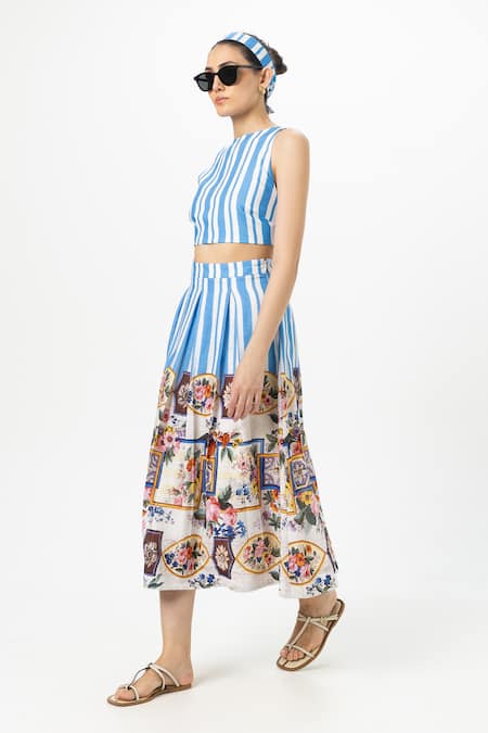 SOBARIKO Blue Linen Halter , Round Striped Emily Skirt Set at Aza Fashions SOBARIKO_Blue Linen Halter , Round Striped Emily Skirt Set _at_Aza_Fashions