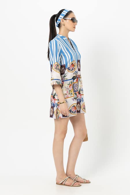 SOBARIKO Blue Linen Collared Emily Shift Dress Online at Aza Fashions SOBARIKO_Blue Linen Collared Emily Shift Dress _Online_at_Aza_Fashions