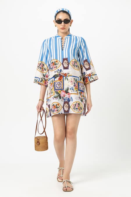 SOBARIKO Blue Linen Collared Emily Shift Dress 