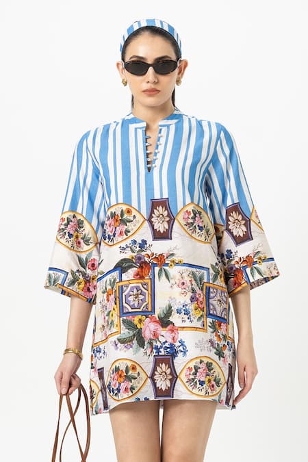 Shop SOBARIKO Blue Linen Collared Emily Shift Dress Online at Aza Fashions Shop_SOBARIKO_Blue Linen Collared Emily Shift Dress _Online_at_Aza_Fashions