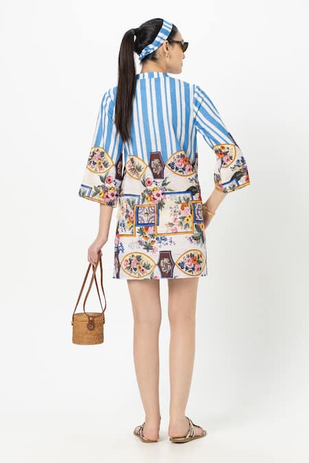 Shop SOBARIKO Blue Linen Collared Emily Shift Dress at Aza Fashions Shop_SOBARIKO_Blue Linen Collared Emily Shift Dress _at_Aza_Fashions