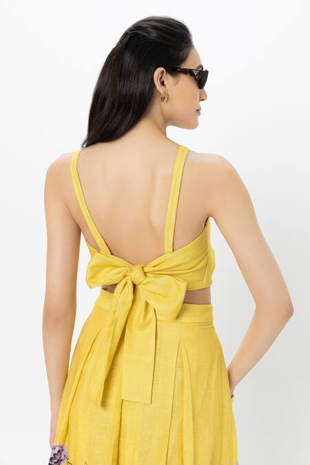 SOBARIKO Yellow Linen Open Neck Floral Print Skirt Set Online at Aza Fashions SOBARIKO_Yellow Linen Open Neck Floral Print Skirt Set _Online_at_Aza_Fashions