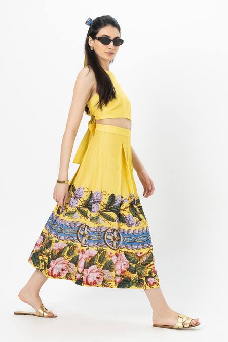 Buy SOBARIKO Yellow Linen Open Neck Floral Print Skirt Set Online at Aza Fashions Buy_SOBARIKO_Yellow Linen Open Neck Floral Print Skirt Set _Online_at_Aza_Fashions