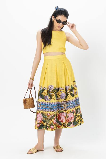 Shop SOBARIKO Yellow Linen Open Neck Floral Print Skirt Set Online at Aza Fashions Shop_SOBARIKO_Yellow Linen Open Neck Floral Print Skirt Set _Online_at_Aza_Fashions