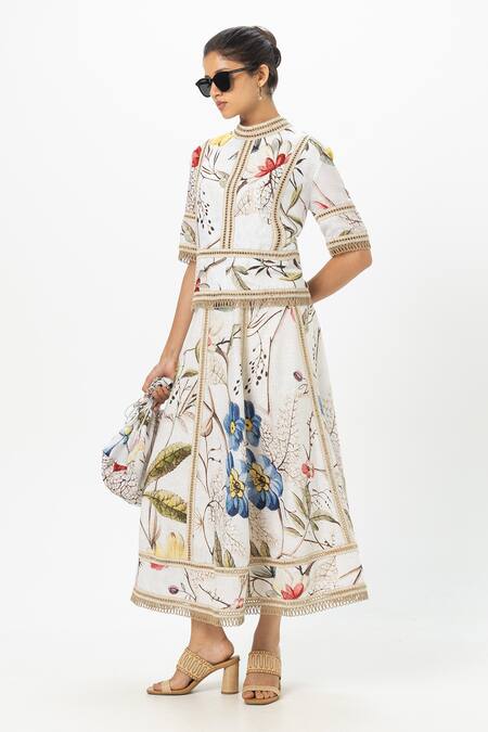 Buy SOBARIKO Off White Linen Embroidery Round Neck Floral Alicia Skirt Set Online at Aza Fashions Buy_SOBARIKO_Off White Linen Embroidery Round Neck Floral Alicia Skirt Set _Online_at_Aza_Fashions
