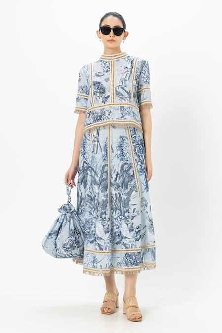 SOBARIKO Blue Linen Embroidery High Neck Bianca Floral Print Skirt Set Online at Aza Fashions SOBARIKO_Blue Linen Embroidery High Neck Bianca Floral Print Skirt Set _Online_at_Aza_Fashions