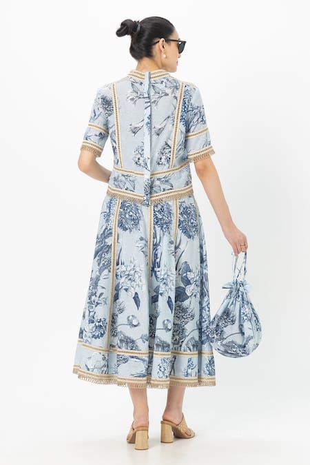 Shop SOBARIKO Blue Linen Embroidery High Neck Bianca Floral Print Skirt Set at Aza Fashions Shop_SOBARIKO_Blue Linen Embroidery High Neck Bianca Floral Print Skirt Set _at_Aza_Fashions