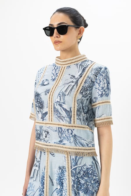 Shop SOBARIKO Blue Linen Embroidery High Neck Bianca Floral Print Skirt Set Online at Aza Fashions Shop_SOBARIKO_Blue Linen Embroidery High Neck Bianca Floral Print Skirt Set _Online_at_Aza_Fashions