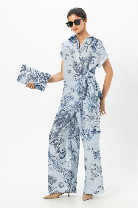 Sobariko Blue Linen Collared Bianca Twist Co-ord Set 