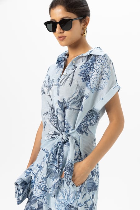 SOBARIKO_Blue Linen Collared Bianca Twist Co-ord Set _Online_at_Aza_Fashions