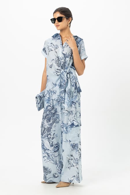 Buy_SOBARIKO_Blue Linen Collared Bianca Twist Co-ord Set _Online_at_Aza_Fashions