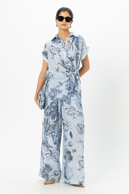 Shop_SOBARIKO_Blue Linen Collared Bianca Twist Co-ord Set _Online_at_Aza_Fashions