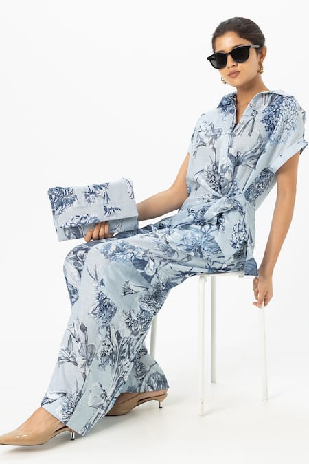 SOBARIKO_Blue Linen Collared Bianca Twist Co-ord Set _at_Aza_Fashions