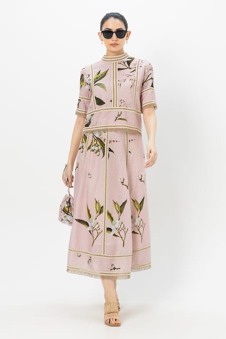 SOBARIKO Pink Linen Embroidery High Neck Floral Print Jasmine Skirt Set