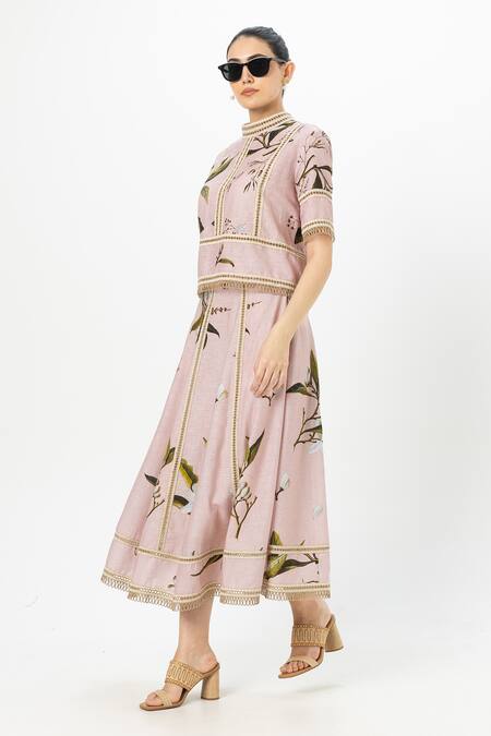 SOBARIKO Pink Linen Embroidery High Neck Floral Print Jasmine Skirt Set Online at Aza Fashions SOBARIKO_Pink Linen Embroidery High Neck Floral Print Jasmine Skirt Set _Online_at_Aza_Fashions