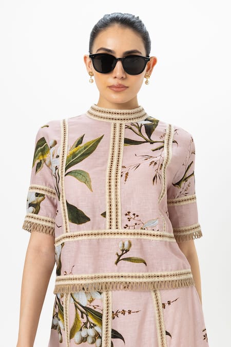 Buy SOBARIKO Pink Linen Embroidery High Neck Floral Print Jasmine Skirt Set Online at Aza Fashions Buy_SOBARIKO_Pink Linen Embroidery High Neck Floral Print Jasmine Skirt Set _Online_at_Aza_Fashions