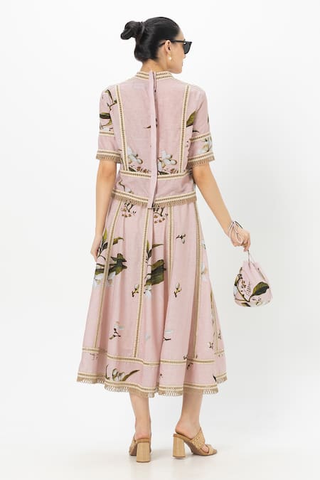 Shop SOBARIKO Pink Linen Embroidery High Neck Floral Print Jasmine Skirt Set at Aza Fashions Shop_SOBARIKO_Pink Linen Embroidery High Neck Floral Print Jasmine Skirt Set _at_Aza_Fashions