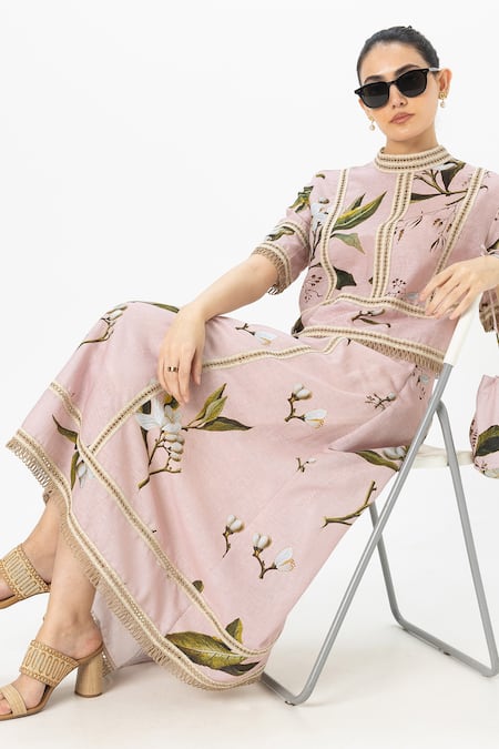 Shop SOBARIKO Pink Linen Embroidery High Neck Floral Print Jasmine Skirt Set Online at Aza Fashions Shop_SOBARIKO_Pink Linen Embroidery High Neck Floral Print Jasmine Skirt Set _Online_at_Aza_Fashions