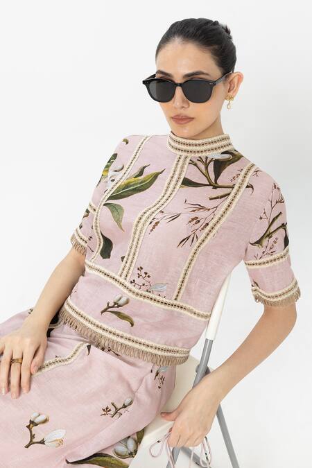 SOBARIKO Pink Linen Embroidery High Neck Floral Print Jasmine Skirt Set at Aza Fashions SOBARIKO_Pink Linen Embroidery High Neck Floral Print Jasmine Skirt Set _at_Aza_Fashions