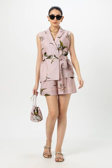 SOBARIKO Pink Linen Collared Jasmine Floral Print Jacket Shorts Set Online at Aza Fashions SOBARIKO_Pink Linen Collared Jasmine Floral Print Jacket Shorts Set _Online_at_Aza_Fashions