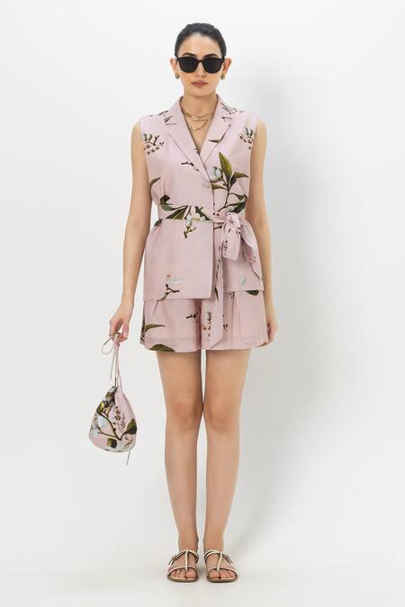 Buy SOBARIKO Pink Linen Collared Jasmine Floral Print Jacket Shorts Set Online at Aza Fashions Buy_SOBARIKO_Pink Linen Collared Jasmine Floral Print Jacket Shorts Set _Online_at_Aza_Fashions
