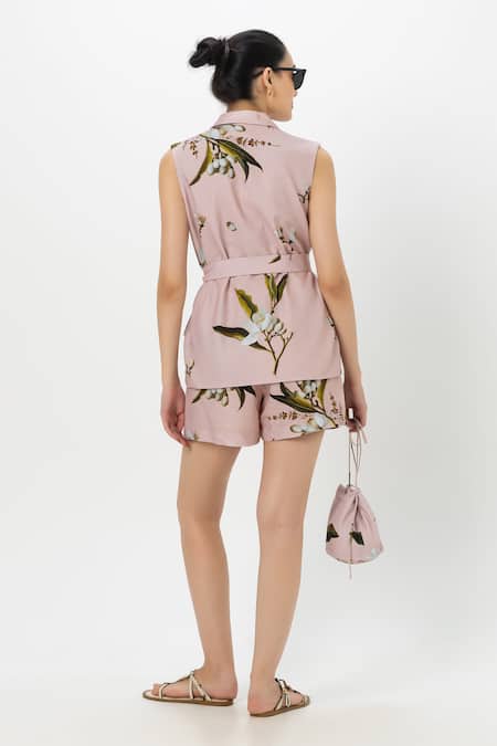 Shop SOBARIKO Pink Linen Collared Jasmine Floral Print Jacket Shorts Set at Aza Fashions Shop_SOBARIKO_Pink Linen Collared Jasmine Floral Print Jacket Shorts Set _at_Aza_Fashions