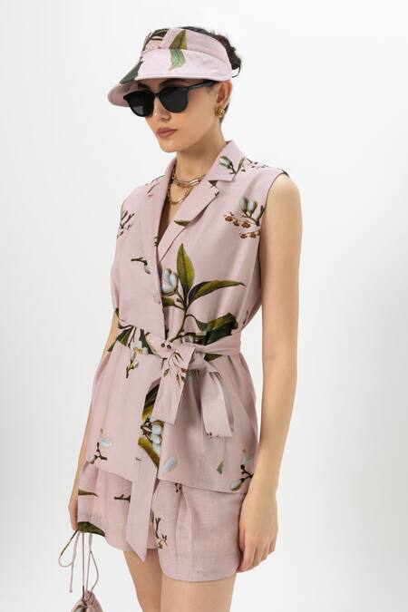 Shop SOBARIKO Pink Linen Collared Jasmine Floral Print Jacket Shorts Set Online at Aza Fashions Shop_SOBARIKO_Pink Linen Collared Jasmine Floral Print Jacket Shorts Set _Online_at_Aza_Fashions