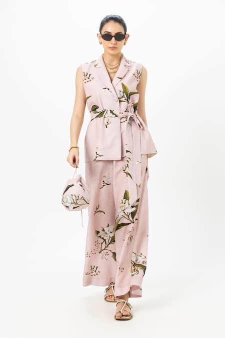 Sobariko Pink Linen V-neck Floral Print Jasmine Jacket Set 