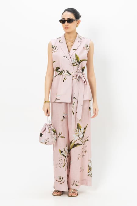 SOBARIKO Pink Linen V-neck Floral Print Jasmine Jacket Set Online at Aza Fashions SOBARIKO_Pink Linen V-neck Floral Print Jasmine Jacket Set _Online_at_Aza_Fashions
