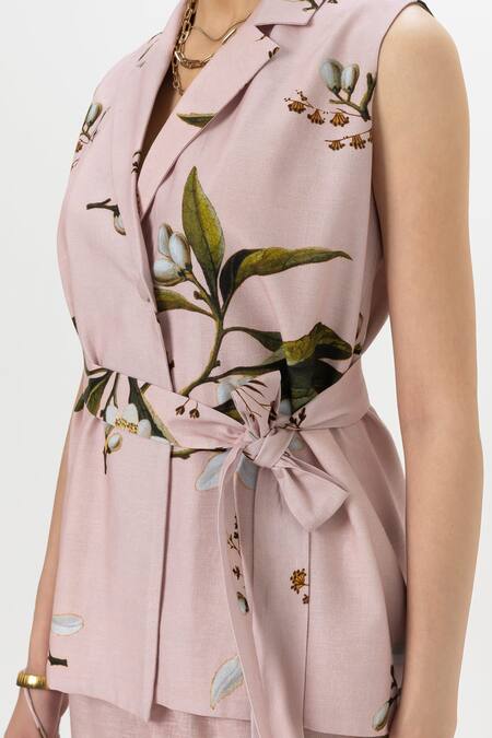 Shop SOBARIKO Pink Linen V-neck Floral Print Jasmine Jacket Set Online at Aza Fashions Shop_SOBARIKO_Pink Linen V-neck Floral Print Jasmine Jacket Set _Online_at_Aza_Fashions