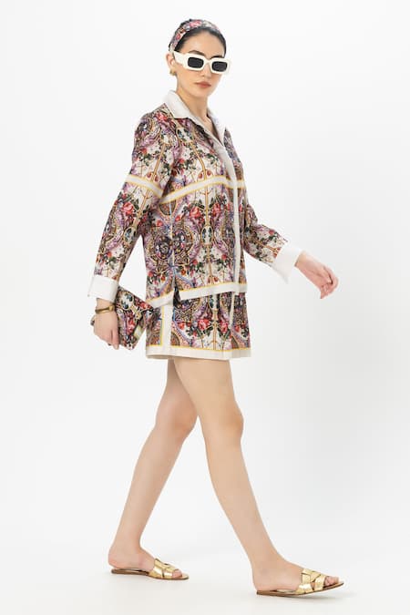 SOBARIKO Multi Color Linen Embroidery Collared Multicolor Rococo-white Shorts Set Online at Aza Fashions SOBARIKO_Multi Color Linen Embroidery Collared Multicolor Rococo-white Shorts Set _Online_at_Aza_Fashions