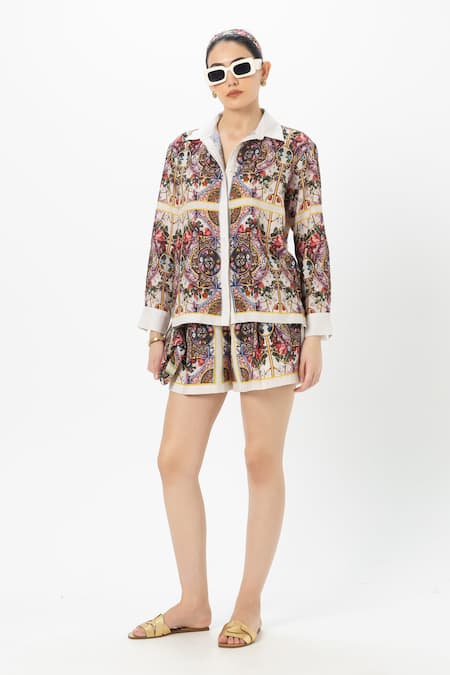 Buy SOBARIKO Multi Color Linen Embroidery Collared Multicolor Rococo-white Shorts Set Online at Aza Fashions Buy_SOBARIKO_Multi Color Linen Embroidery Collared Multicolor Rococo-white Shorts Set _Online_at_Aza_Fashions