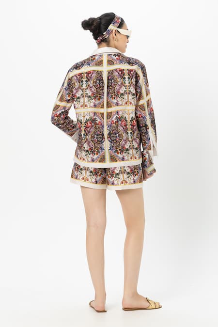 Shop SOBARIKO Multi Color Linen Embroidery Collared Multicolor Rococo-white Shorts Set at Aza Fashions Shop_SOBARIKO_Multi Color Linen Embroidery Collared Multicolor Rococo-white Shorts Set _at_Aza_Fashions