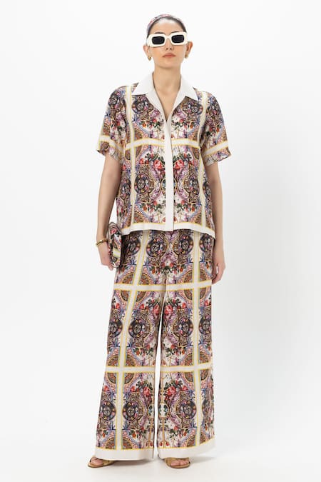 Sobariko Multi Color Linen Collared Multicolor Rococo Co-ord Set 