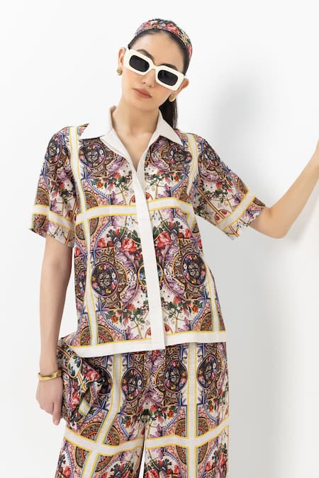 SOBARIKO Multi Color Linen Collared Multicolor Rococo Co-ord Set at Aza Fashions SOBARIKO_Multi Color Linen Collared Multicolor Rococo Co-ord Set _at_Aza_Fashions