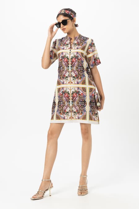 Buy SOBARIKO Multi Color Linen Collared Rococo-white Shift Dress Online at Aza Fashions Buy_SOBARIKO_Multi Color Linen Collared Rococo-white Shift Dress _Online_at_Aza_Fashions