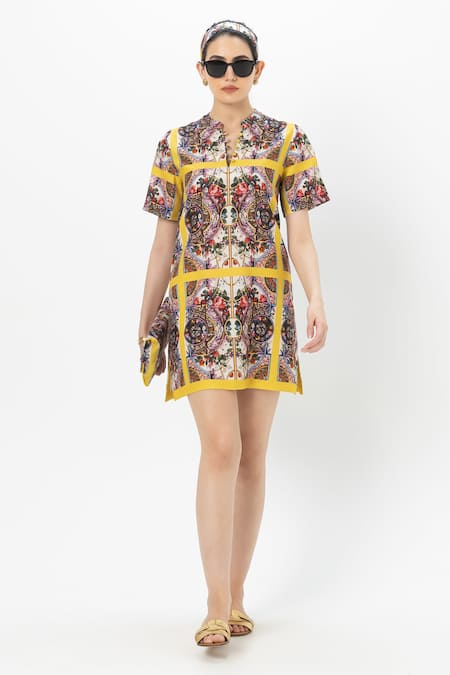 Sobariko Multi Color Linen Round Neck Multicolor Rococo Yellow Shift Dress 