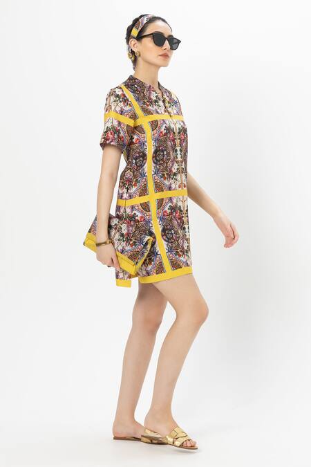 SOBARIKO Multi Color Linen Round Neck Multicolor Rococo Yellow Shift Dress Online at Aza Fashions SOBARIKO_Multi Color Linen Round Neck Multicolor Rococo Yellow Shift Dress _Online_at_Aza_Fashions