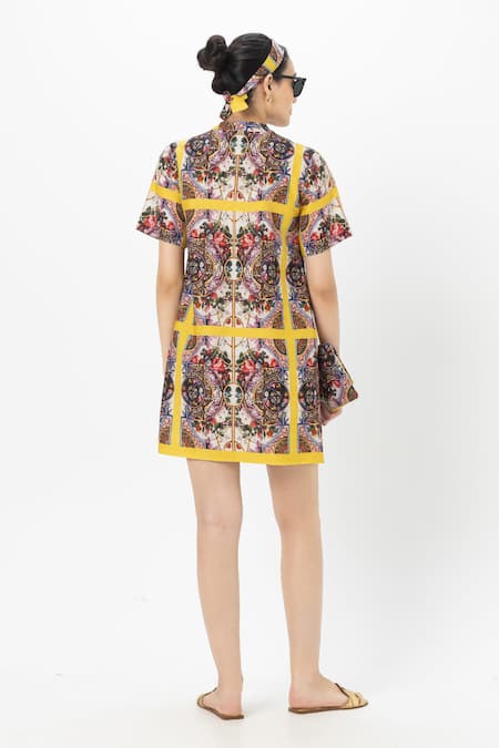 Shop SOBARIKO Multi Color Linen Round Neck Multicolor Rococo Yellow Shift Dress at Aza Fashions Shop_SOBARIKO_Multi Color Linen Round Neck Multicolor Rococo Yellow Shift Dress _at_Aza_Fashions