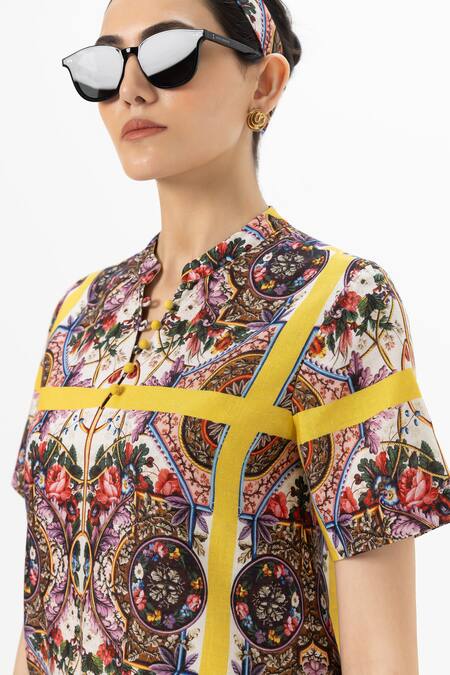 Shop SOBARIKO Multi Color Linen Round Neck Multicolor Rococo Yellow Shift Dress Online at Aza Fashions Shop_SOBARIKO_Multi Color Linen Round Neck Multicolor Rococo Yellow Shift Dress _Online_at_Aza_Fashions